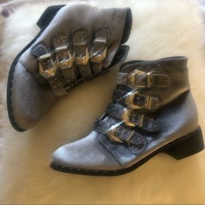 Funky grey velvet buckle booties